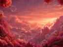 Schilderij van een wolkenlandschap bij zonsondergang omlijst met pioenrozen
