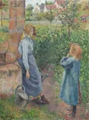 Woman and Child at the Well van Camille Pissarro: figuren met vrouw, kind, put en tuin, in groen met roodbruin