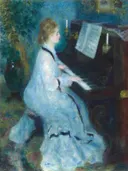 Woman at the Piano van Pierre-Auguste Renoir: figuren met vrouw, piano, muziek en witte jurk, in zacht blauw en wit