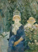 Woman in a Garden van Berthe Morisot: figuren met vrouw, tuin, rozen en hoed, in groen met blauw