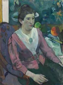 Woman in Front of a Still Life by Cezanne van Paul Gauguin: portret met vrouw, stoel, schilderij en appels, in blauw en roze
