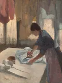 Woman Ironing van Edgar Degas: figuren met strijken, wasgoed, vrouw en tafel, in gedempt rood en blauw