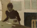 Woman Ironing van Edouard Vuillard: figuren met vrouw, strijken, kamer en tafel, in gedempt bruin en zwart