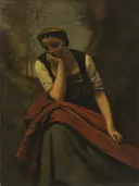Woman Meditating van Jean-Baptiste-Camille Corot: portret met vrouw, mijmeren, rode rok en zittend, in donkerbruin en rood