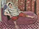 Woman on Rose Divan van Henri Matisse: figuren met vrouw, divan, bloemenbehang en roze, in roze en rood