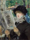 Woman Reading van Edouard Manet: figuren met vrouw, lezen, hoed en cafe, in donker met wit
