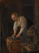 Woman scouring metalware van Jan Steen: figuren met vrouw, huishouden, koperwerk en ton, in donker bruin met wit