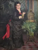 Woman with Parrot van Pierre-Auguste Renoir: figuren met vrouw, vogelkooi, parkiet en plant, in donker zwartgroen met rood