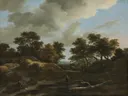 Wooded and Hilly Landscape van Jacob van Ruisdael: landschap met duinen, bomen, wolken en zandpad, in gedempt bruin en grijs