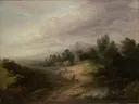Wooded Upland Landscape van Thomas Gainsborough: landschap met heuvels, bomen, zandweg en wolken, in warm okerbruin