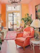 Interieurschilderij van een woonkamer met oranje muren, rode fauteuil, plant en lamp