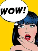 Pop-art comic illustratie van een verraste vrouw met tekstballon WOW