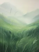 Groen grasveld met wuivend gras op de voorgrond en mistige bergen op de achtergrond.