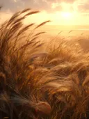 Schilderij van een wuivend grasveld bij zonsondergang