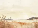 Schilderij van een grasveld bij zonsondergang met bomen op de achtergrond.