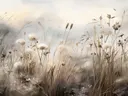Landschap met droog gras en wollige zaadpluizen in de mist.