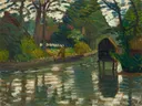 Wümme mit Kahnfahrer 1911 van Otto Modersohn: landschap met rivier, bootje, bomen en water, in diep groen en blauw