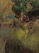 Yellow Dancers (In the Wings) van Edgar Degas: figuren met danseressen, ballet, coulissen en tutu, in geel en groen