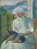 Young Girl at a Window van Mary Cassatt: portret met meisje, raam, hondje en witte jurk, in wit en lichtgroen