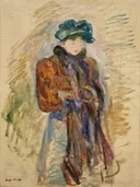 Young Girl in a Mantelet van Berthe Morisot: figuren met meisje, hoed, mantel en staand, in roodbruin en blauw
