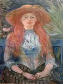 Young girl in a park van Berthe Morisot: portret met meisje, strohoed, rood haar en staand, in roze en blauw