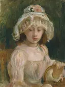 Young Girl with Hat van Berthe Morisot: portret met meisje, kanten muts en zittend, in wit en groen