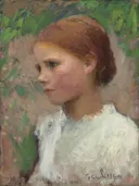 Young Rural Girl van George Clausen: portret met meisje, profiel, witte blouse en rood haar, in groen en warm rood
