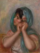 Young Woman Arranging Her Earring van Pierre-Auguste Renoir: portret met vrouw, sjaal, oorbel en roos, in turquoise met roze