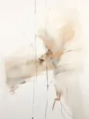 Abstract schilderij met zachte beige en grijze waas en dunne zwarte lijnen.
