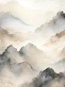 Waterverf schilderij van bergpieken in crème en grijs door lichte mist.