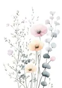 Aquarel van zachte klaprozen met eucalyptusbladeren