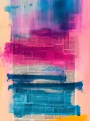 Abstract schilderij met een zacht kleurverloop van roze, blauw en oranje