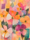Collage schilderij met witte en roze bloemen op een zacht pastelkleurig abstract landschap