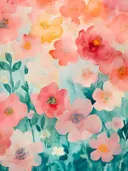 Aquarel met zachtroze en koraalkleurige bloesems tegen een groen-turquoise achtergrond