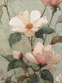 Zachtroze bloesems in olieverf, botanisch schilderij
