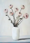 Zachtroze ranonkels in witte vaas, botanisch schilderij
