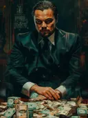 Portret schilderij van een zakenman met de handen op een tafel vol geld