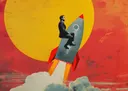 Retro collage-illustratie van een zakenman rijdend op een raket tegen een gele zon
