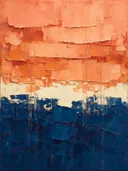 Abstract schilderij met het paletmes in zalm en pruisisch blauw