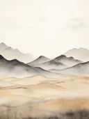 Waterverf schilderij van een zandkleurige bergketen met mist over de toppen.
