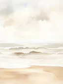 Waterverf zeegezicht van golven op een strand in zandkleuren.