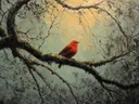 Zangvogel bij zonsopgang, dieren schilderij