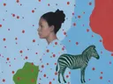 Schilderij van zebra in hemelblauw en klaproosrood