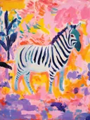 Schilderij van een zebra met zwart-witte strepen tegen een roze en gele jungle-achtergrond.