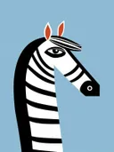 Grafische illustratie van een zebrakop op blauwe achtergrond, kinderkamer schilderij