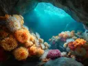 Schilderij van kleurrijke zee-anemonen in een onderwatergrot met invallend licht