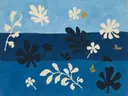 Zee van bovenaf in blauw en gebroken wit, landschap schilderij