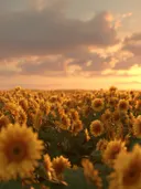 Schilderij van een uitgestrekt veld zonnebloemen bij zonsondergang