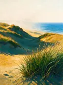 Landschapsschilderij, zee vanaf de duinen in hoogzomer