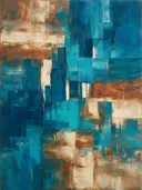 Abstract schilderij met het paletmes in zeeblauw en koper